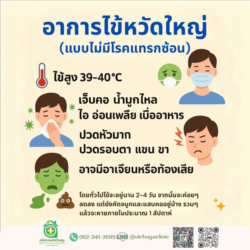 อินโฟกราฟิก อาการไข้หวัดใหญ่แบบไม่มีโรคแทรกซ้อน ไข้สูง 39-40 องศา เป็นไข้เจ็บคอ น้ำมูกไหล ไอ อ่อนเพลีย เบื่ออาหาร ปวดหัวเจ็บคอ ปวดรอบตา แยกอาการโดยคลินิกแพทย์วิชญะ หาดใหญ่